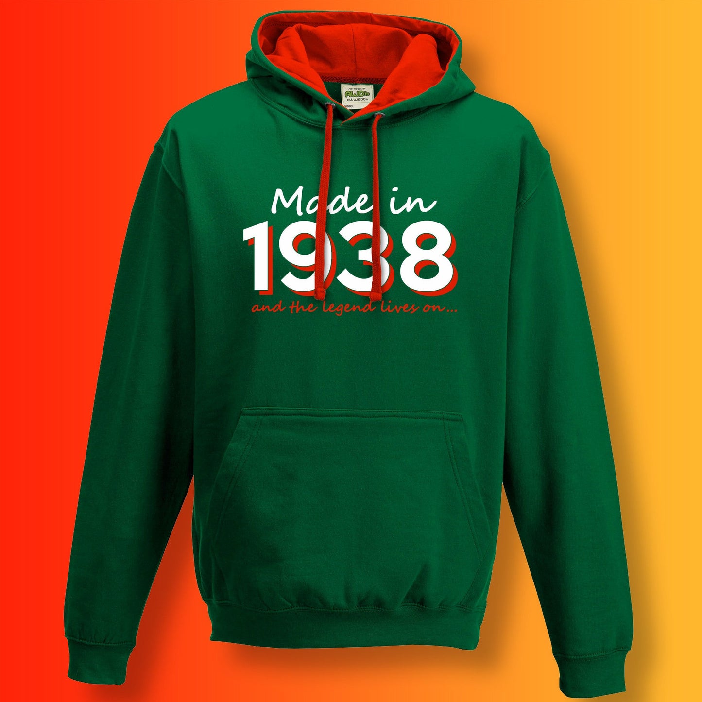 Made In 1938 and The Legend Lives On Hoodie Bottle Green Flame Red