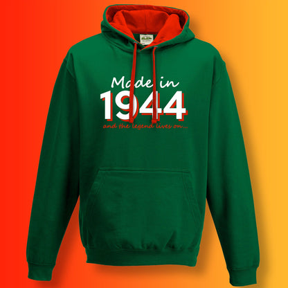 Made In 1944 and The Legend Lives On Hoodie Bottle Green Flame Red