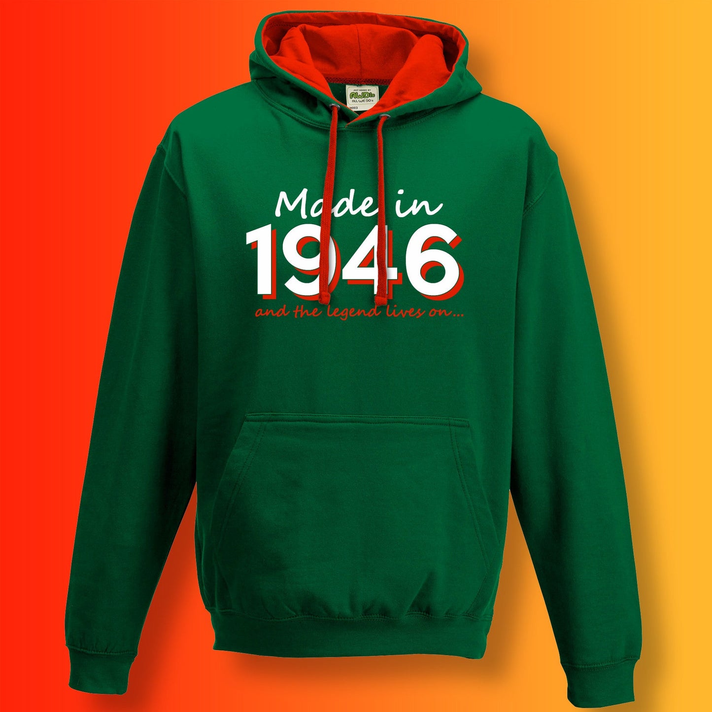 Made In 1946 and The Legend Lives On Hoodie Bottle Green Flame Red