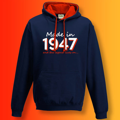 Made In 1947 and The Legend Lives On Hoodie French Navy Flame Red