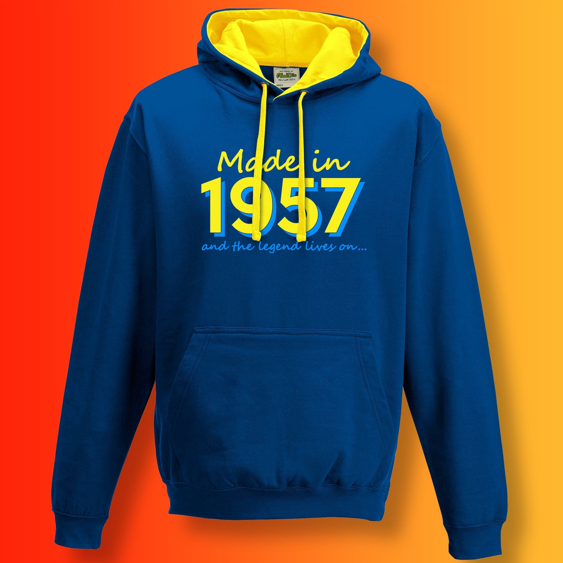 Made In 1957 and The Legend Lives On Hoodie Royal Blue Sun Yellow