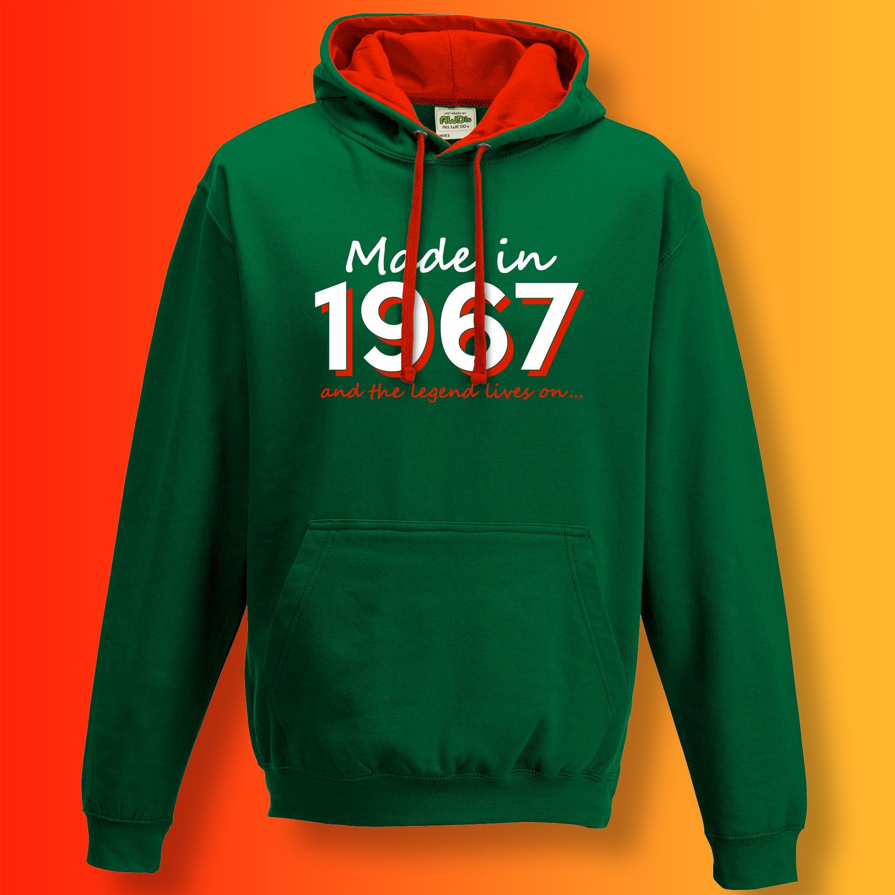 Made In 1967 and The Legend Lives On Hoodie Bottle Green Flame Red
