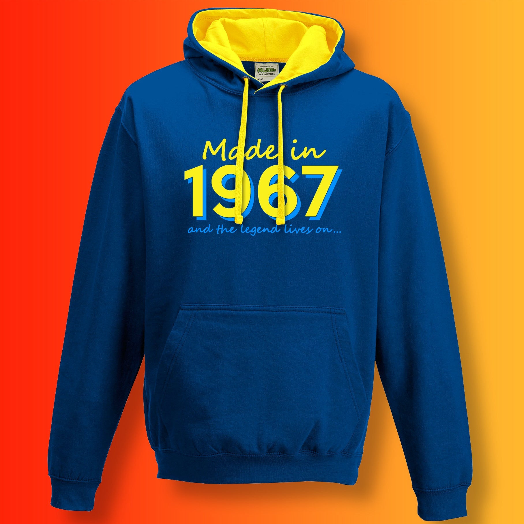 Made In 1967 and The Legend Lives On Hoodie Royal Blue Sun Yellow