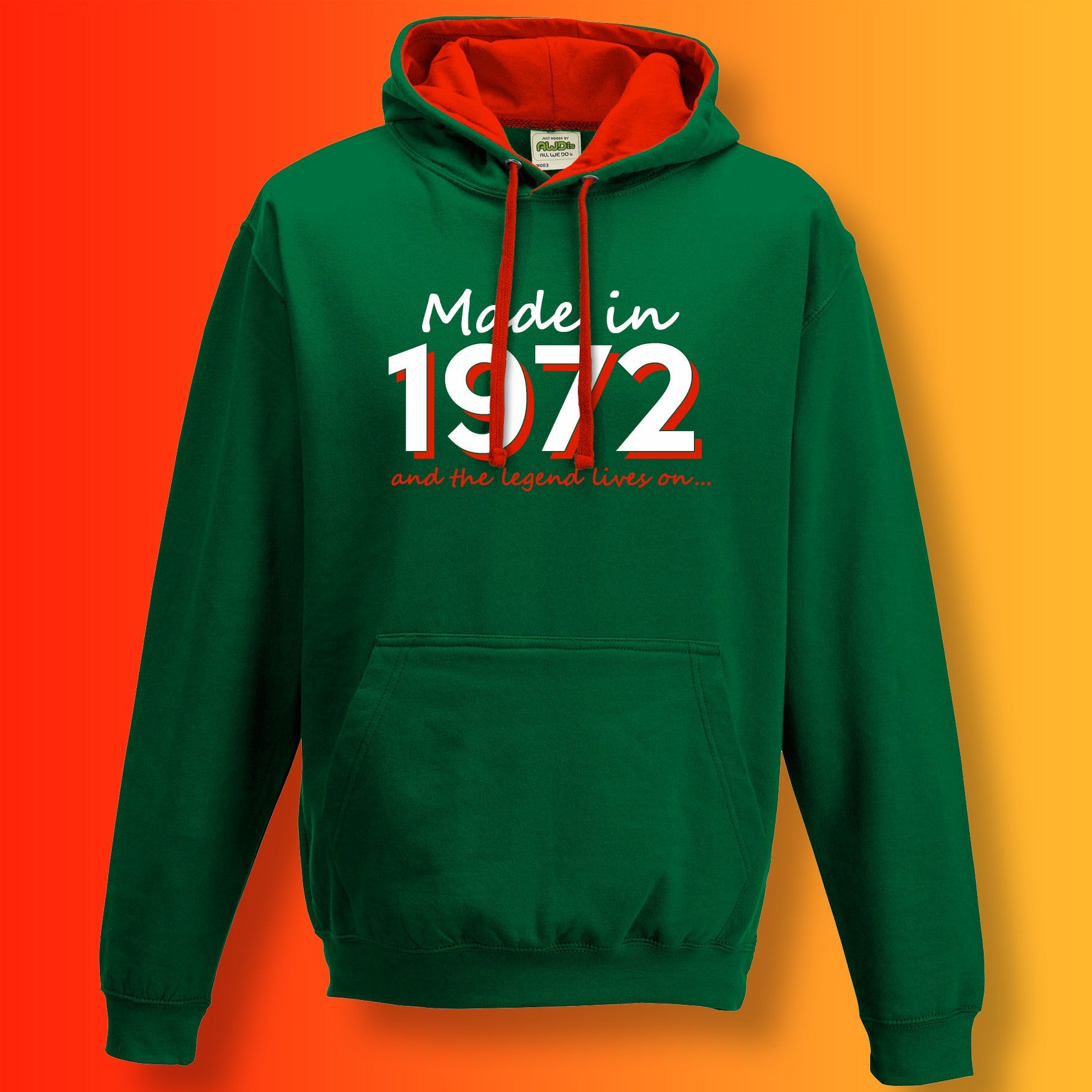 Made In 1972 and The Legend Lives On Hoodie Bottle Green Flame Red