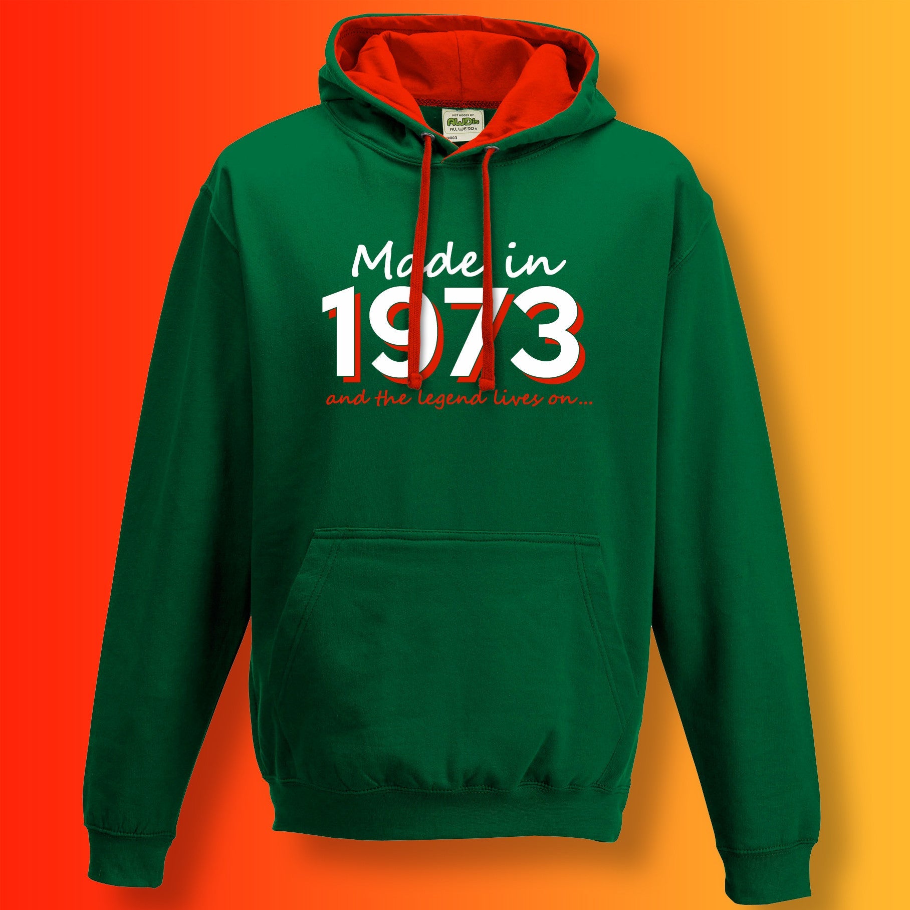 Made In 1973 and The Legend Lives On Hoodie Bottle Green Flame Red