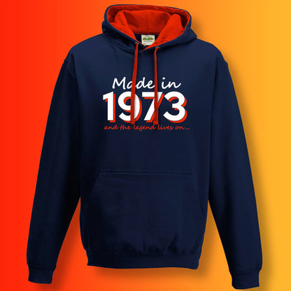 Made In 1973 and The Legend Lives On Hoodie French Navy Flame Red