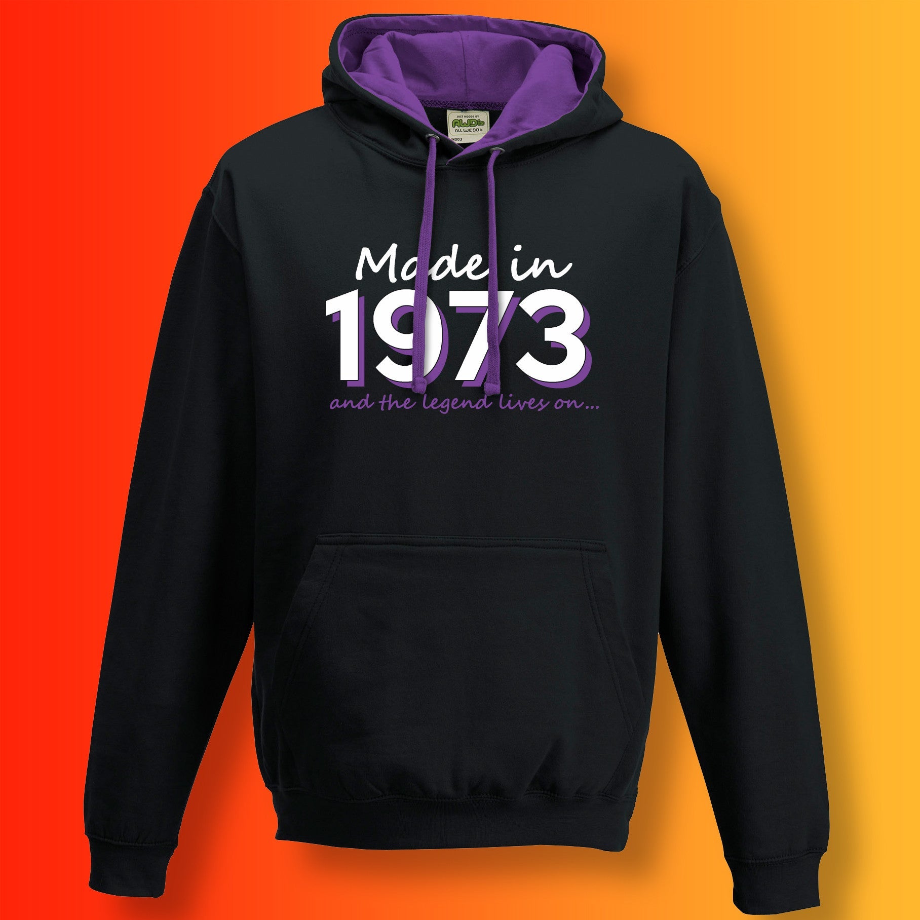 Made In 1973 and The Legend Lives On Hoodie Jet Black Purple