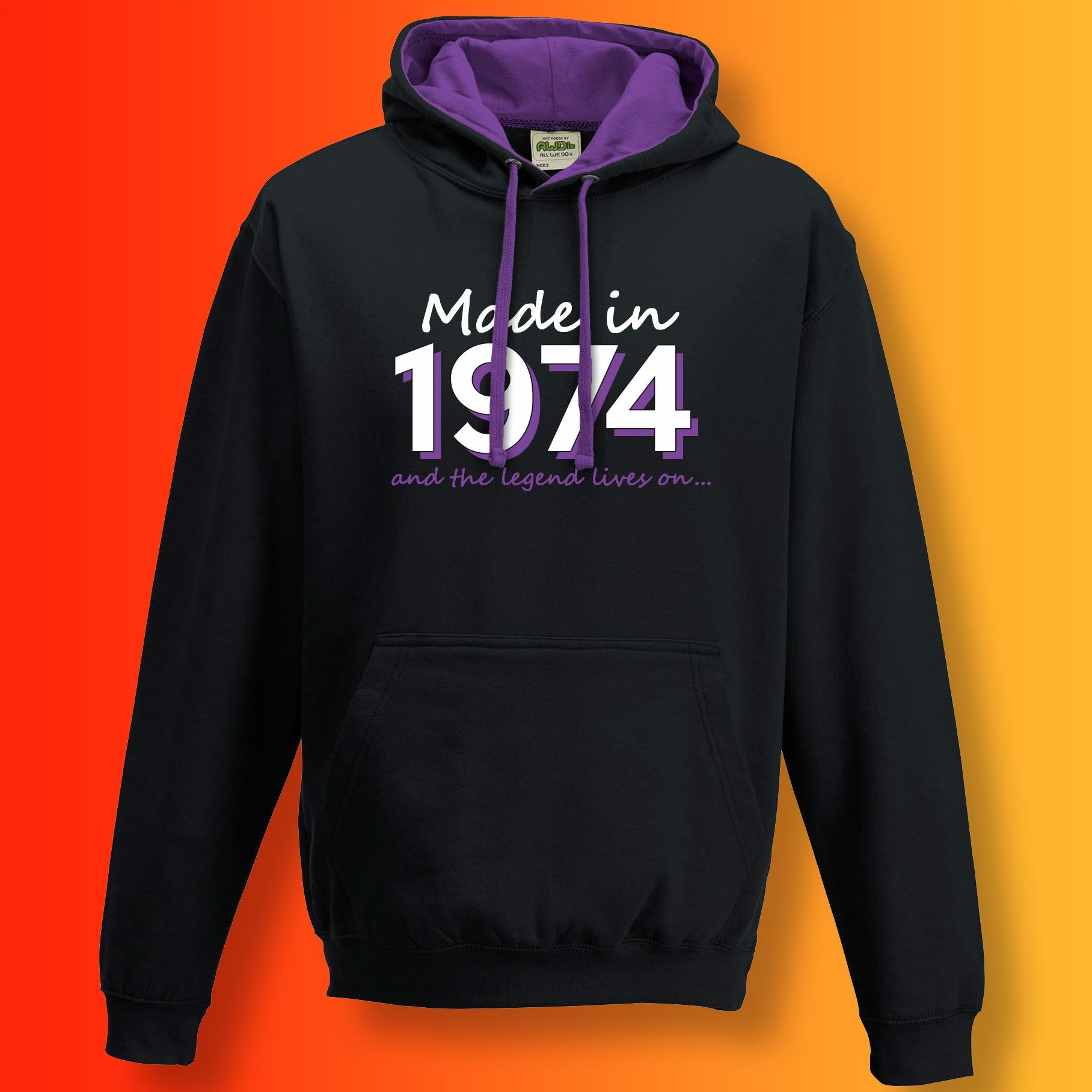 Made In 1974 and The Legend Lives On Hoodie Jet Black Purple