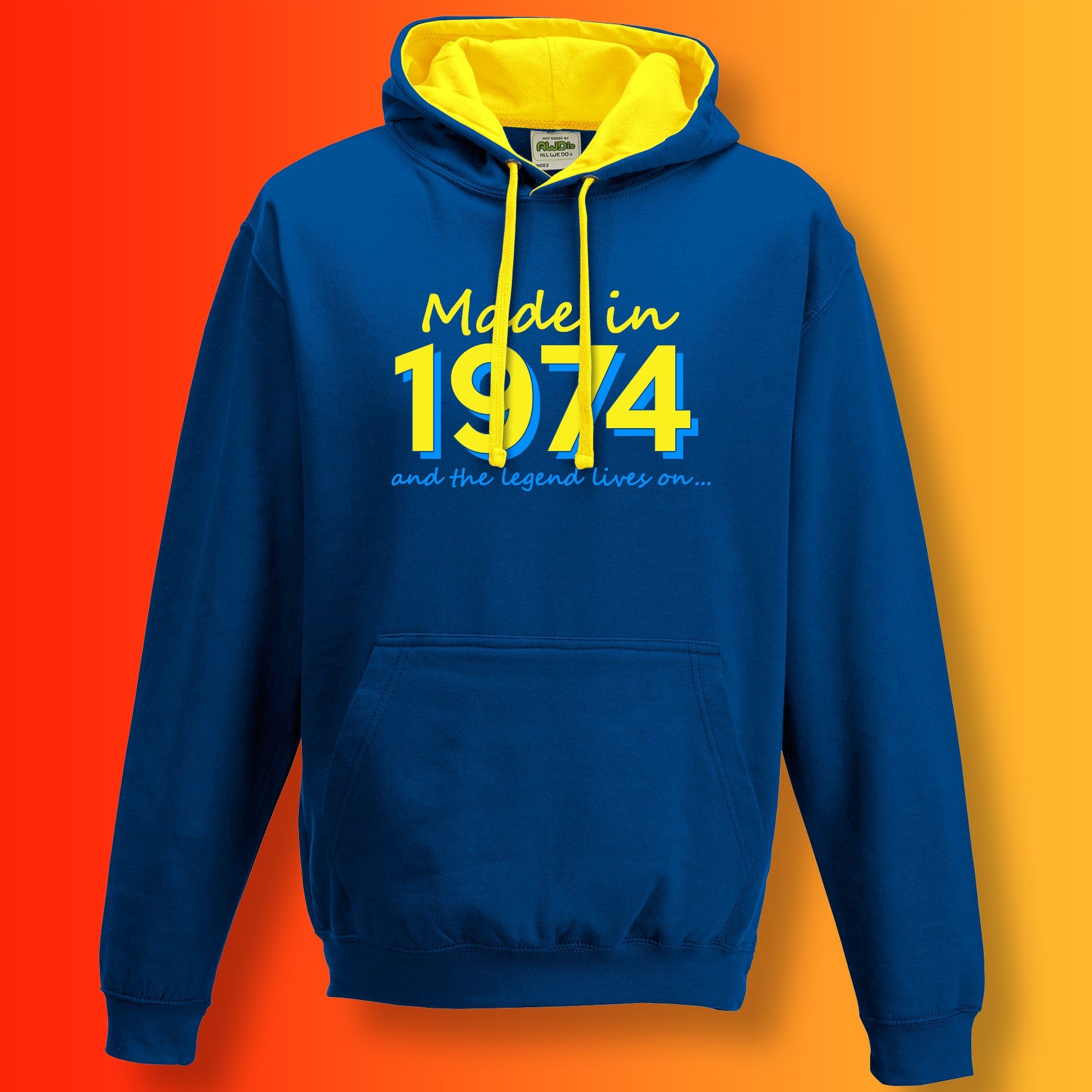 Made In 1974 and The Legend Lives On Hoodie Royal Blue Sun Yellow