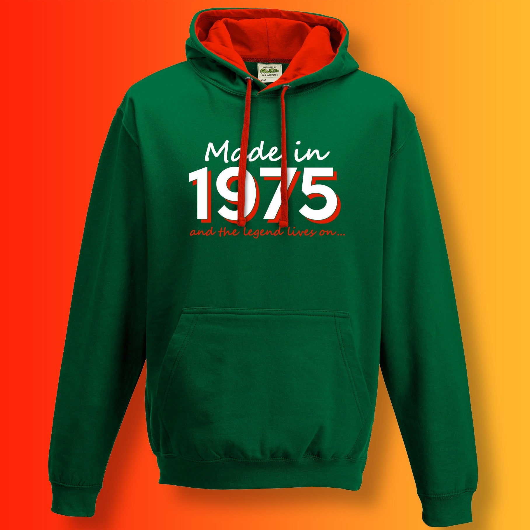 Made In 1975 and The Legend Lives On Hoodie Bottle Green Flame Red