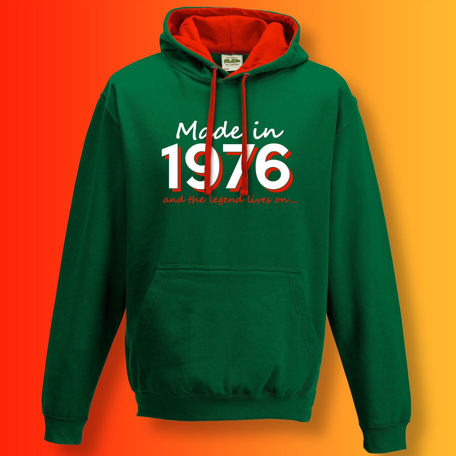 Made In 1976 and The Legend Lives On Hoodie Bottle Green Flame Red