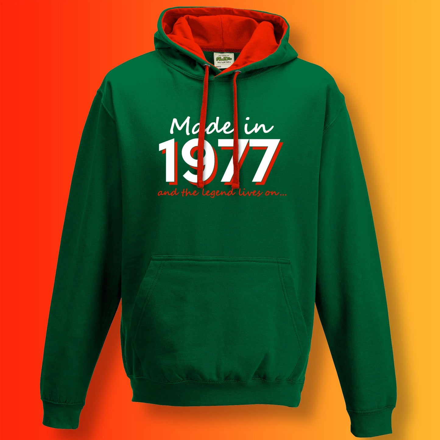 Made In 1977 and The Legend Lives On Hoodie Bottle Green Flame Red