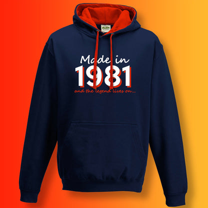 Made In 1981 and The Legend Lives On Hoodie French Navy Flame Red