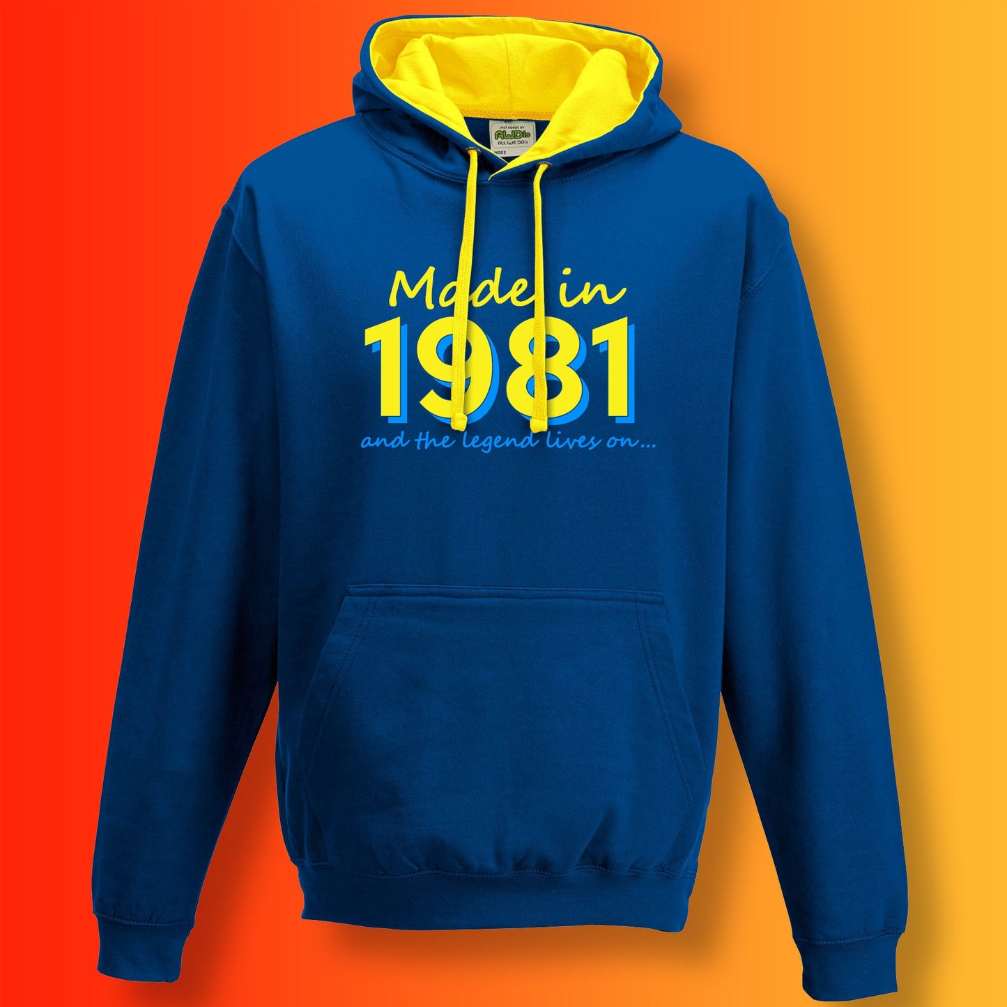 Made In 1981 and The Legend Lives On Hoodie Royal Blue Sun Yellow