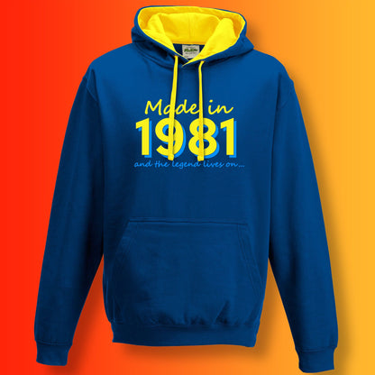 Made In 1981 and The Legend Lives On Hoodie Royal Blue Sun Yellow