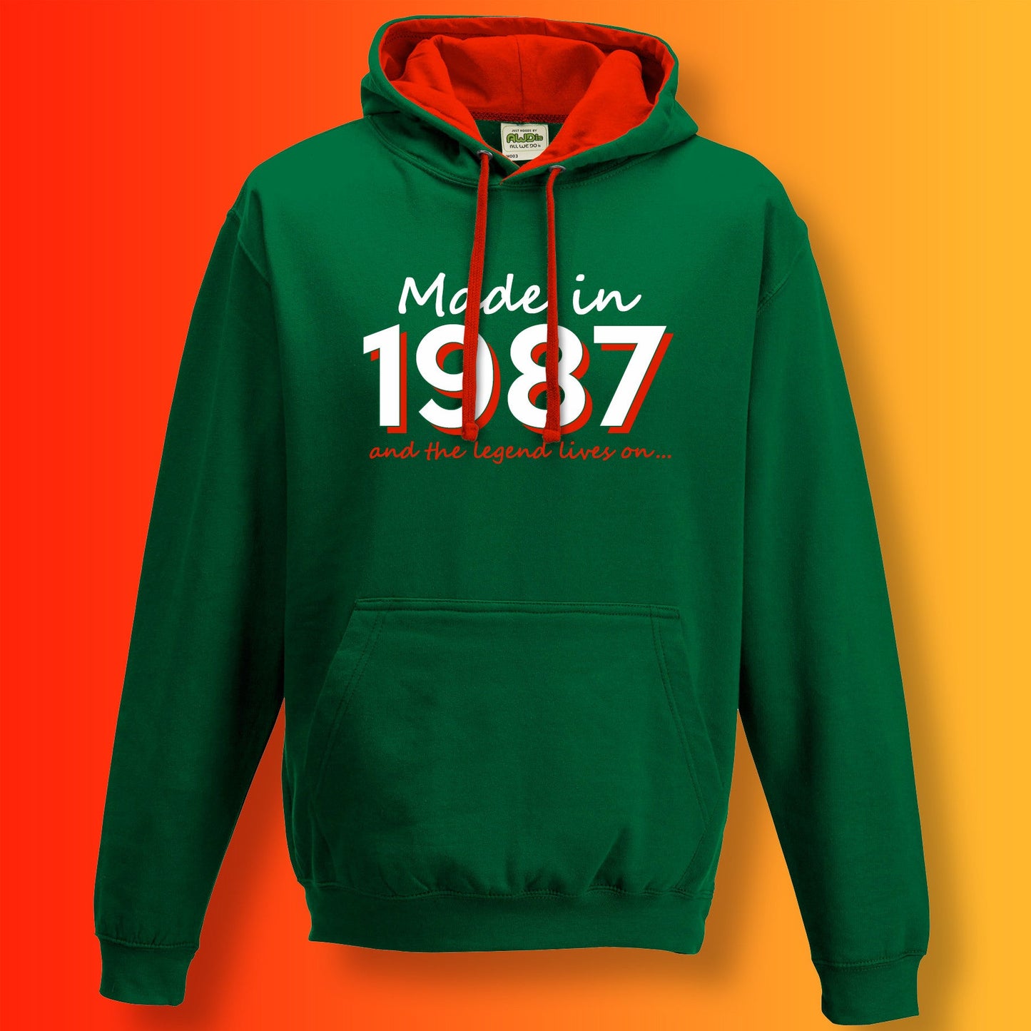 Made In 1987 and The Legend Lives On Hoodie Bottle Green Flame Red