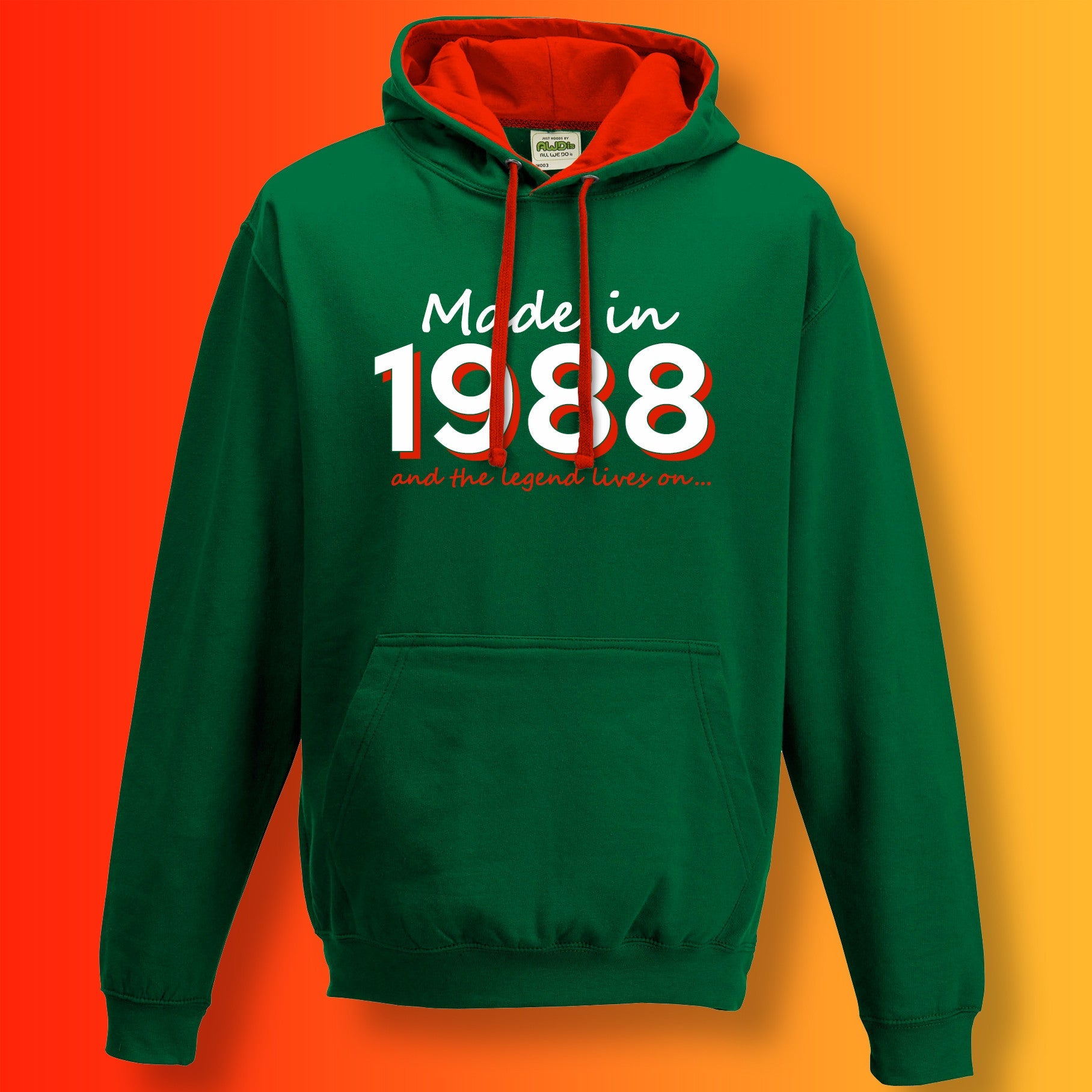 Made In 1988 and The Legend Lives On Hoodie Bottle Green Flame Red