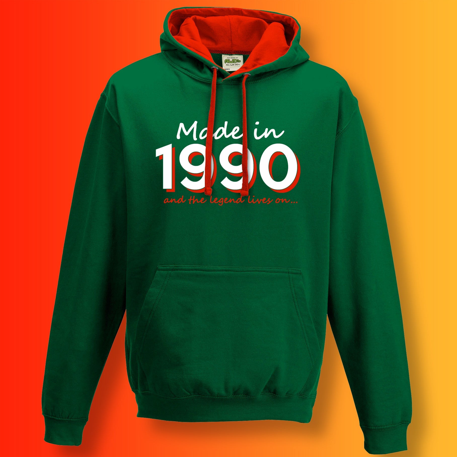 Made In 1990 and The Legend Lives On Hoodie Bottle Green Flame Red