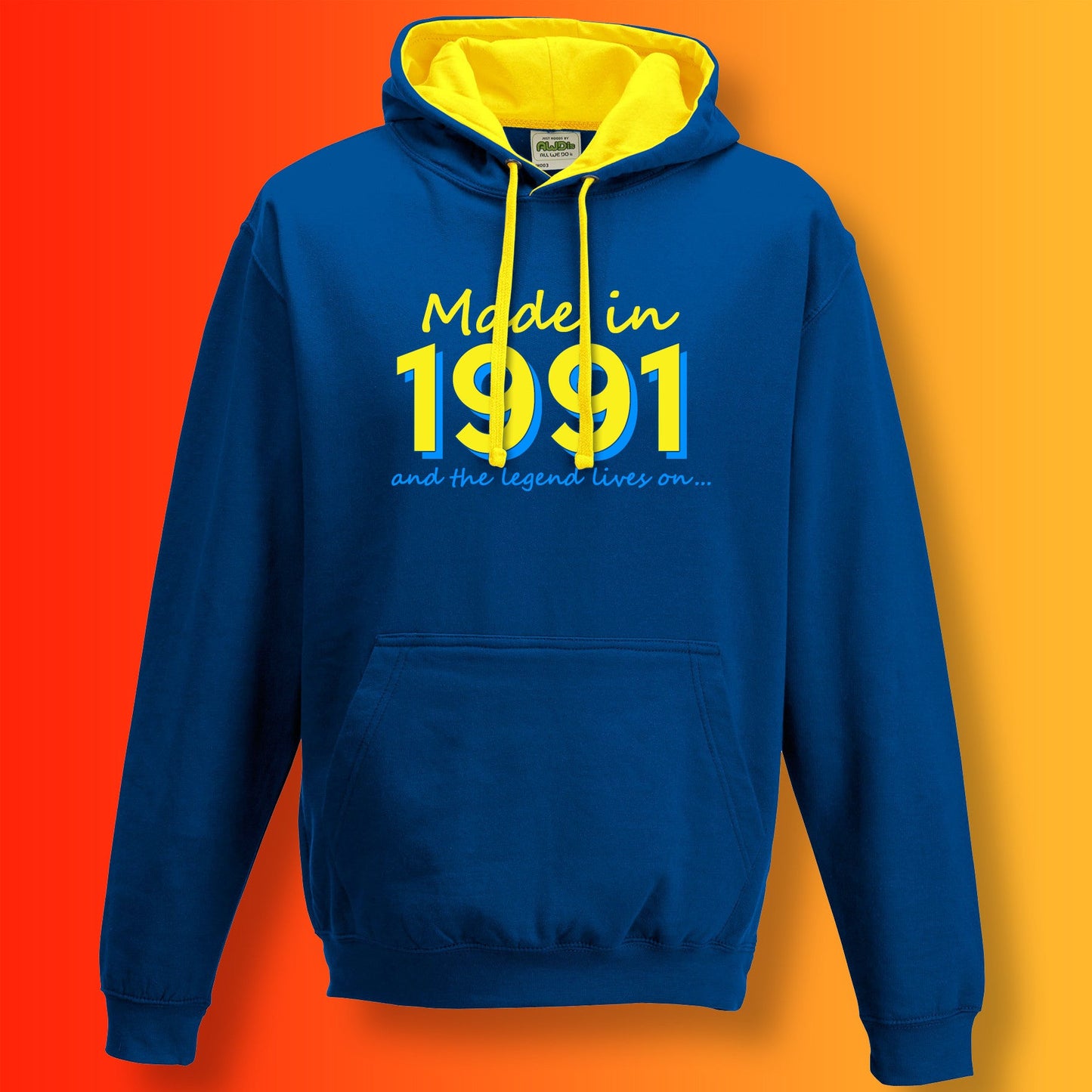 Made In 1991 and The Legend Lives On Hoodie Royal Blue Sun Yellow