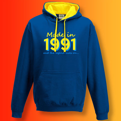 Made In 1991 and The Legend Lives On Hoodie Royal Blue Sun Yellow