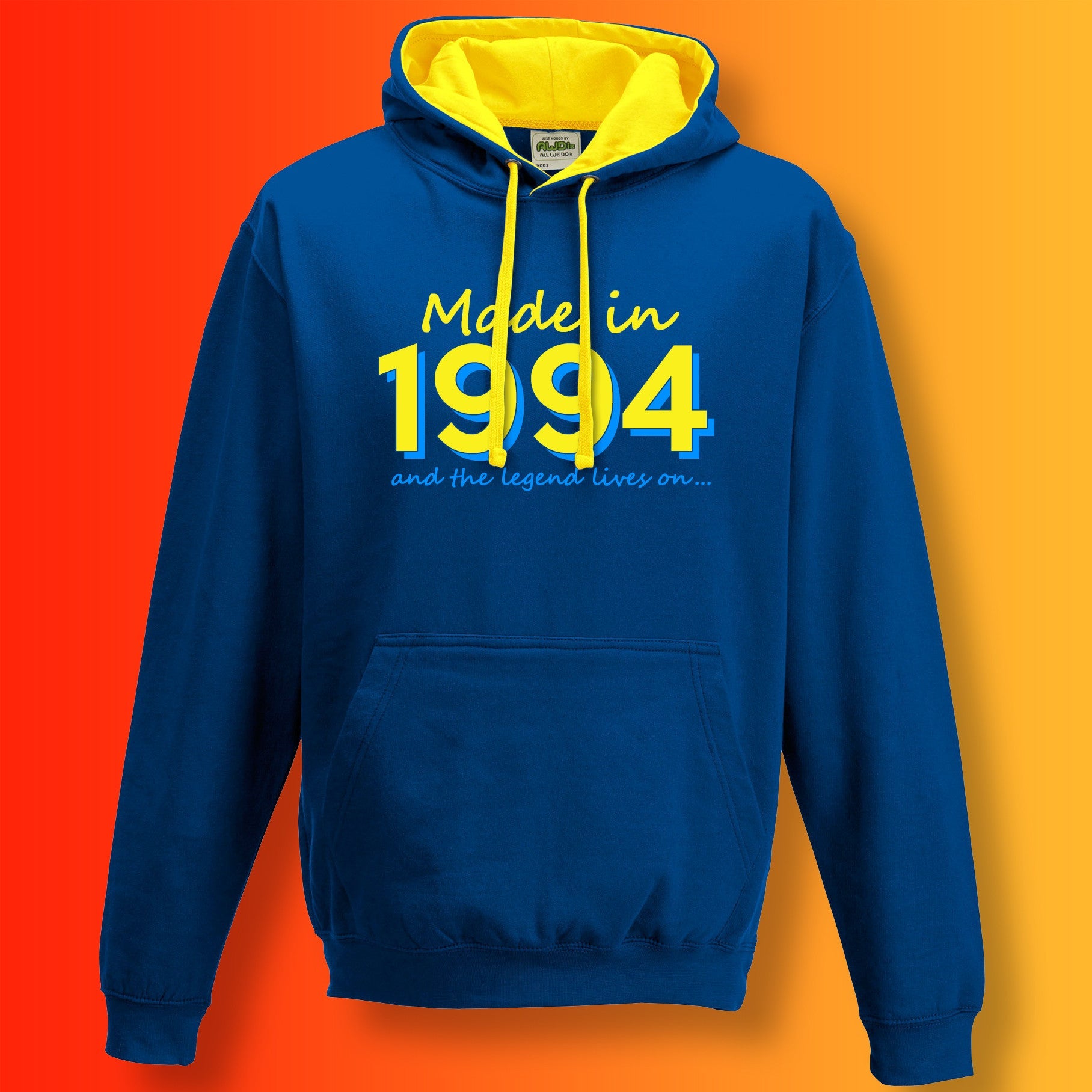 Made In 1994 and The Legend Lives On Hoodie Royal Blue Sun Yellow