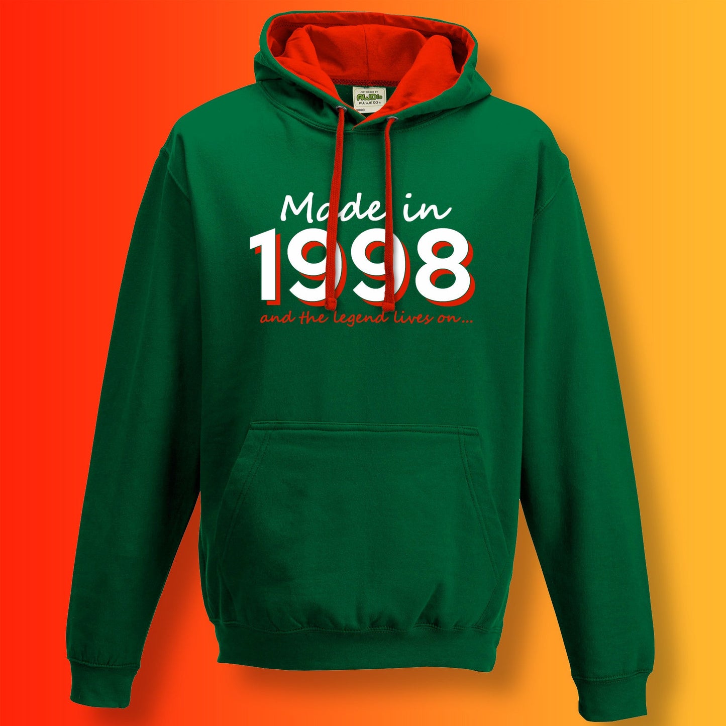 Made In 1998 and The Legend Lives On Hoodie Bottle Green Flame Red
