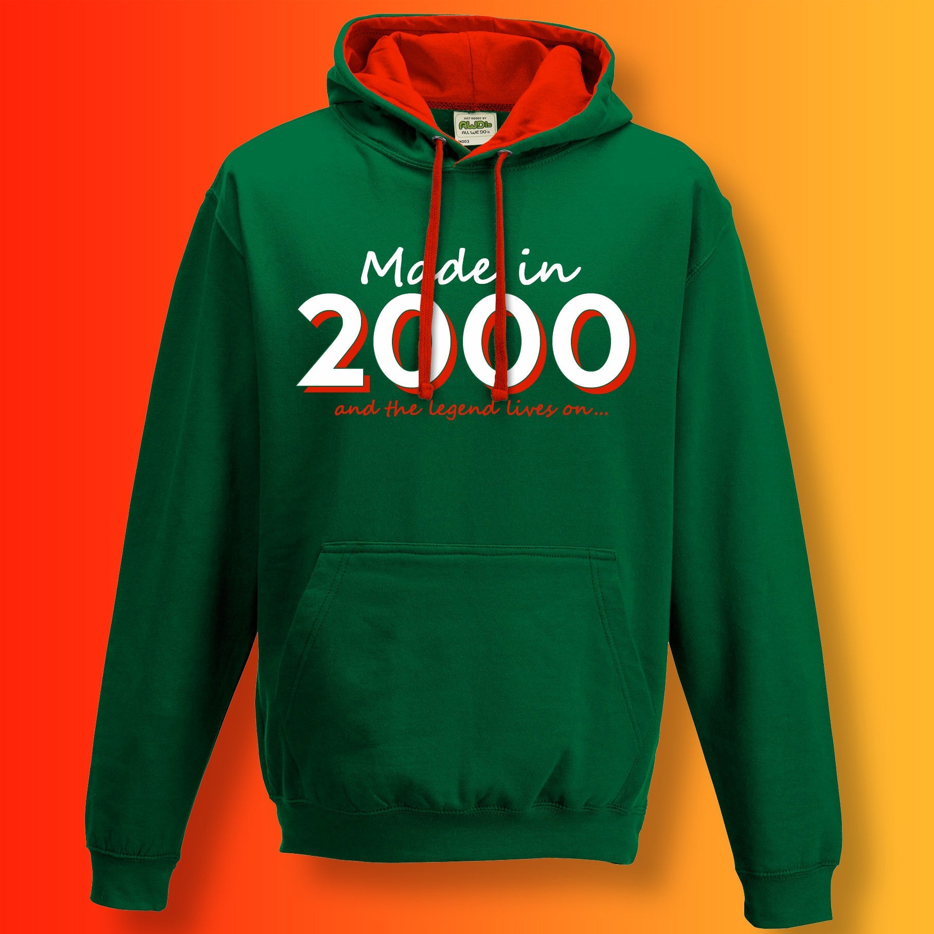 Made In 2000 and The Legend Lives On Hoodie Bottle Green Flame Red