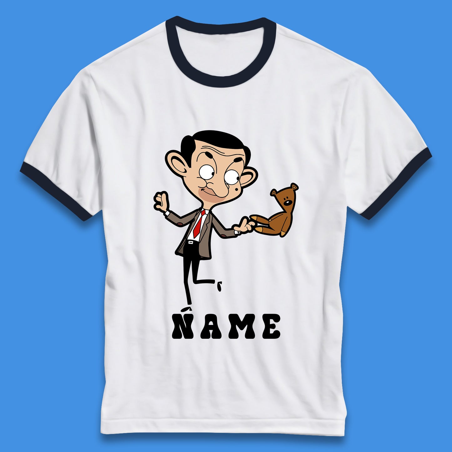 Personalised Mr Bean And Teddy Bear Your Name Comedy Cartoon Animated Series Ringer T Shirt