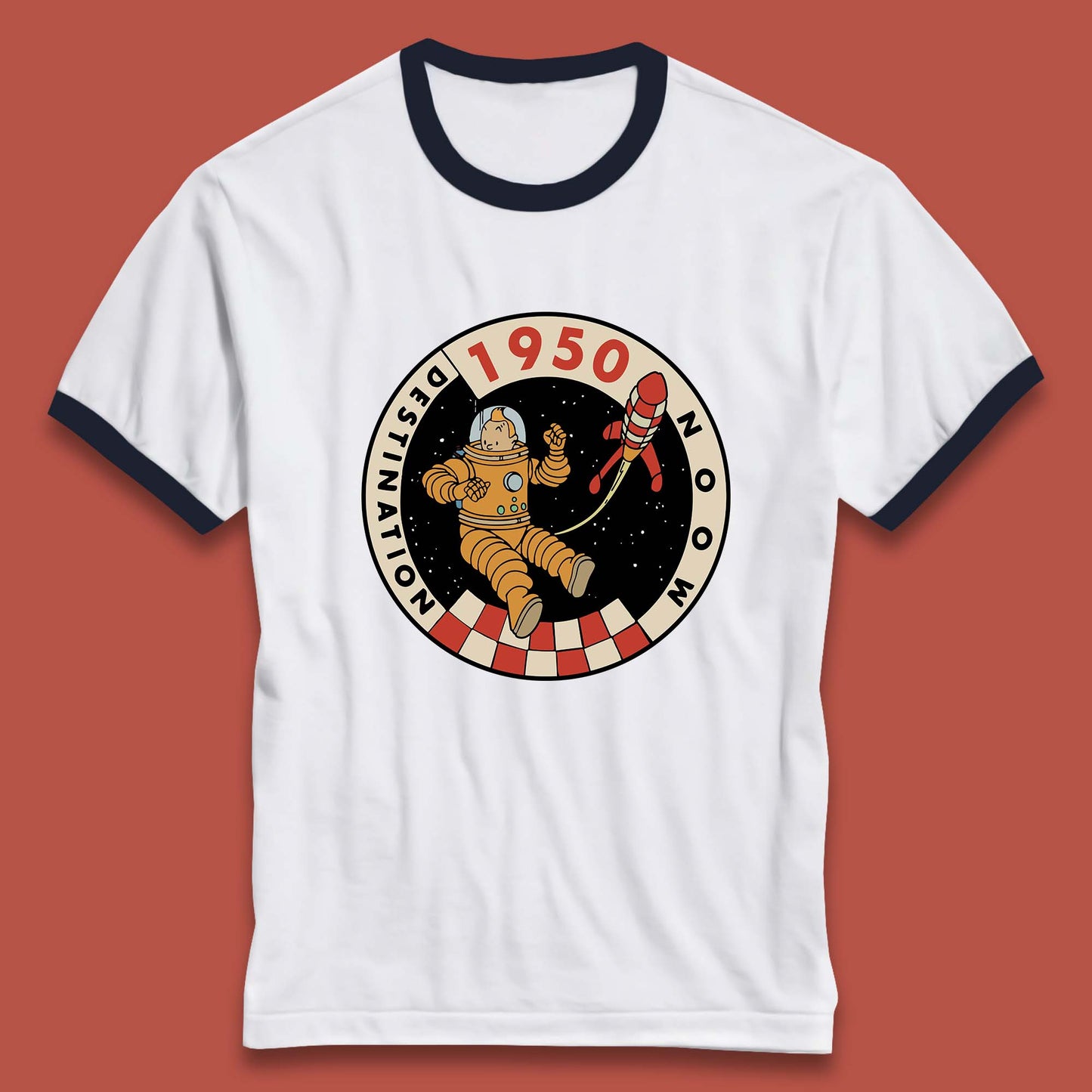 Destination Moon 1950 Astronaut Tintin The Lunar Rocket Retro Comic Space Adventure Ringer T Shirt