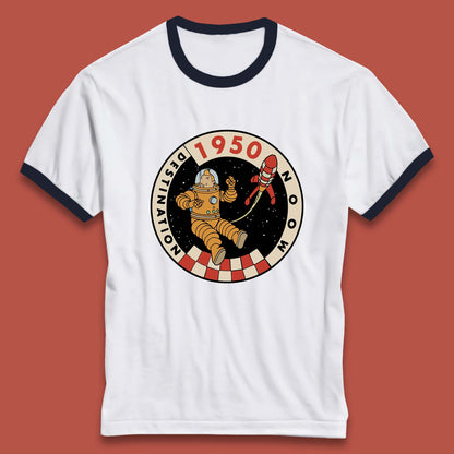 Destination Moon 1950 Astronaut Tintin The Lunar Rocket Retro Comic Space Adventure Ringer T Shirt