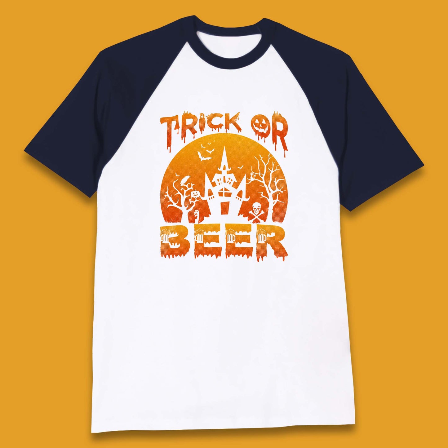 Trick Or Beer Halloween Drinking Beer Lover Horror Haunted House Drinker Halloween Party Baseball T Shirt