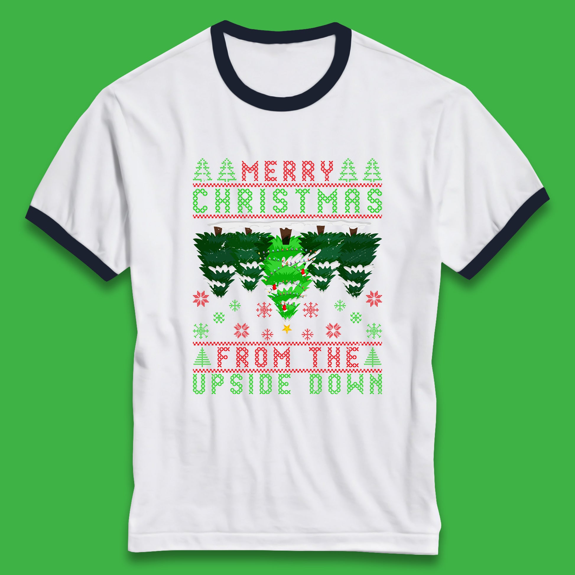 merry christmas from the upside down tree ringer t shirt