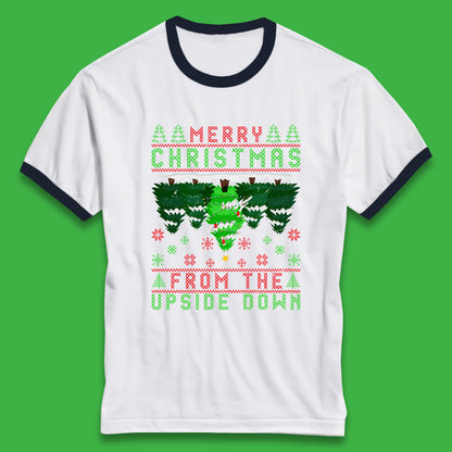 merry christmas from the upside down tree ringer t shirt