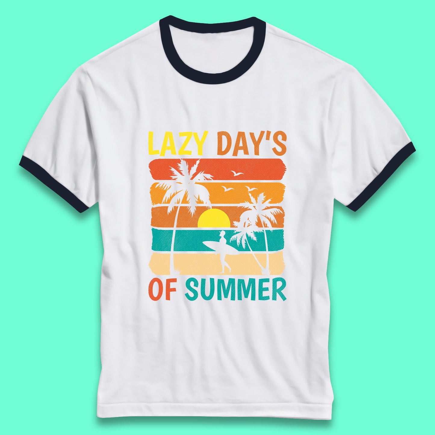 Lazy Days Of Summer Vintage Retro Sunset Surfer Beach Palm Trees Ringer T Shirt