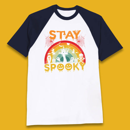 Stay Spooky Vintage Halloween Hunted House Dark Night Full Moon And Flying Bats Baseball T Shirt