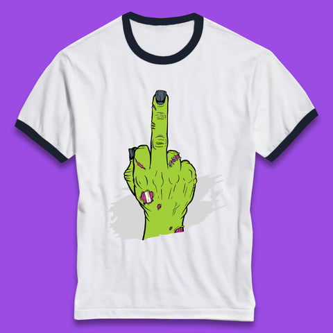 Halloween Green Zombie Hand Showing The Middle Finger Sarcastic Rude Ringer T Shirt