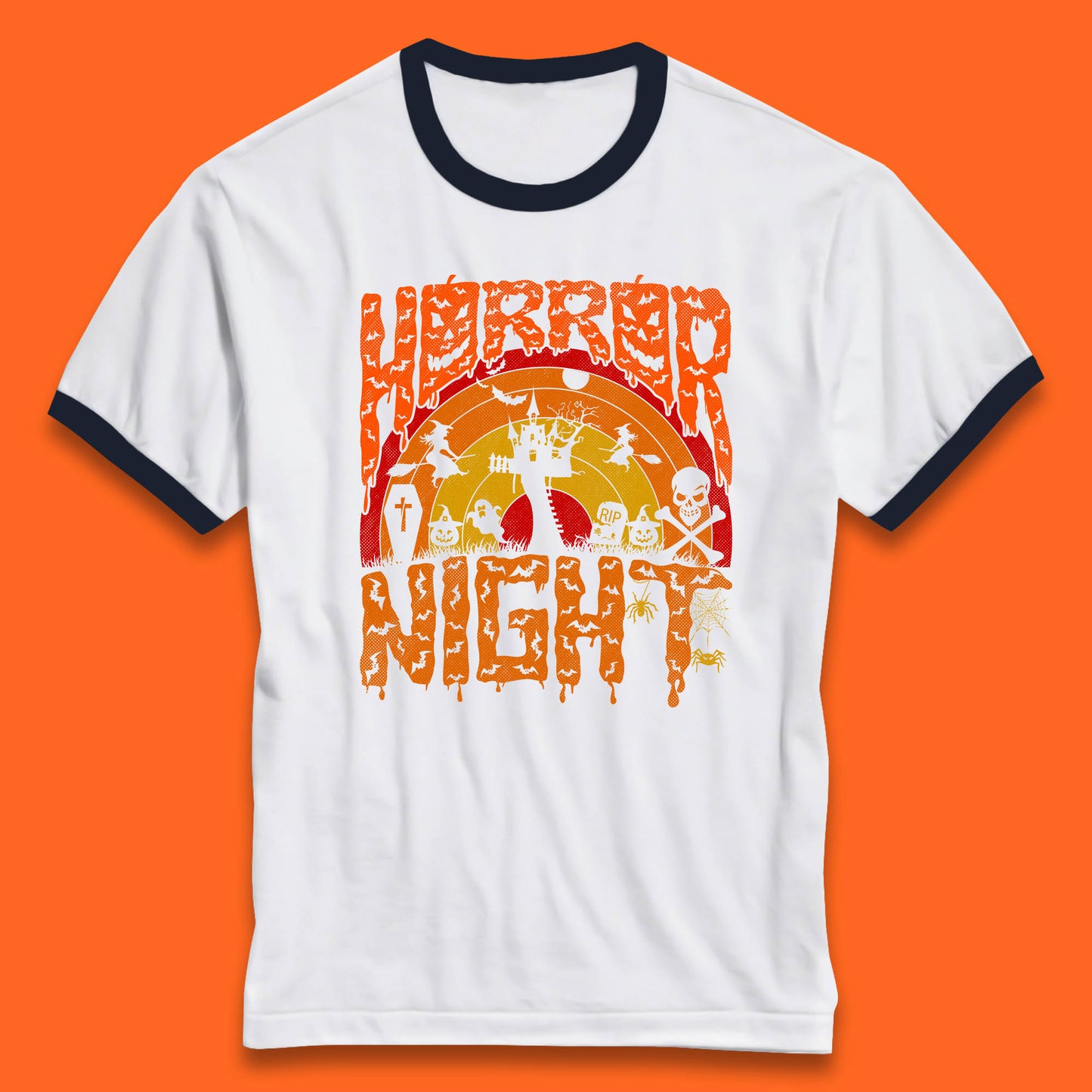Halloween Horror Night Vintage Rainbow Flying witches Scary Boo Spooky Festive Night Ringer T Shirt