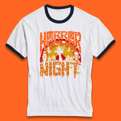 Halloween Horror Night Vintage Rainbow Flying witches Scary Boo Spooky Festive Night Ringer T Shirt