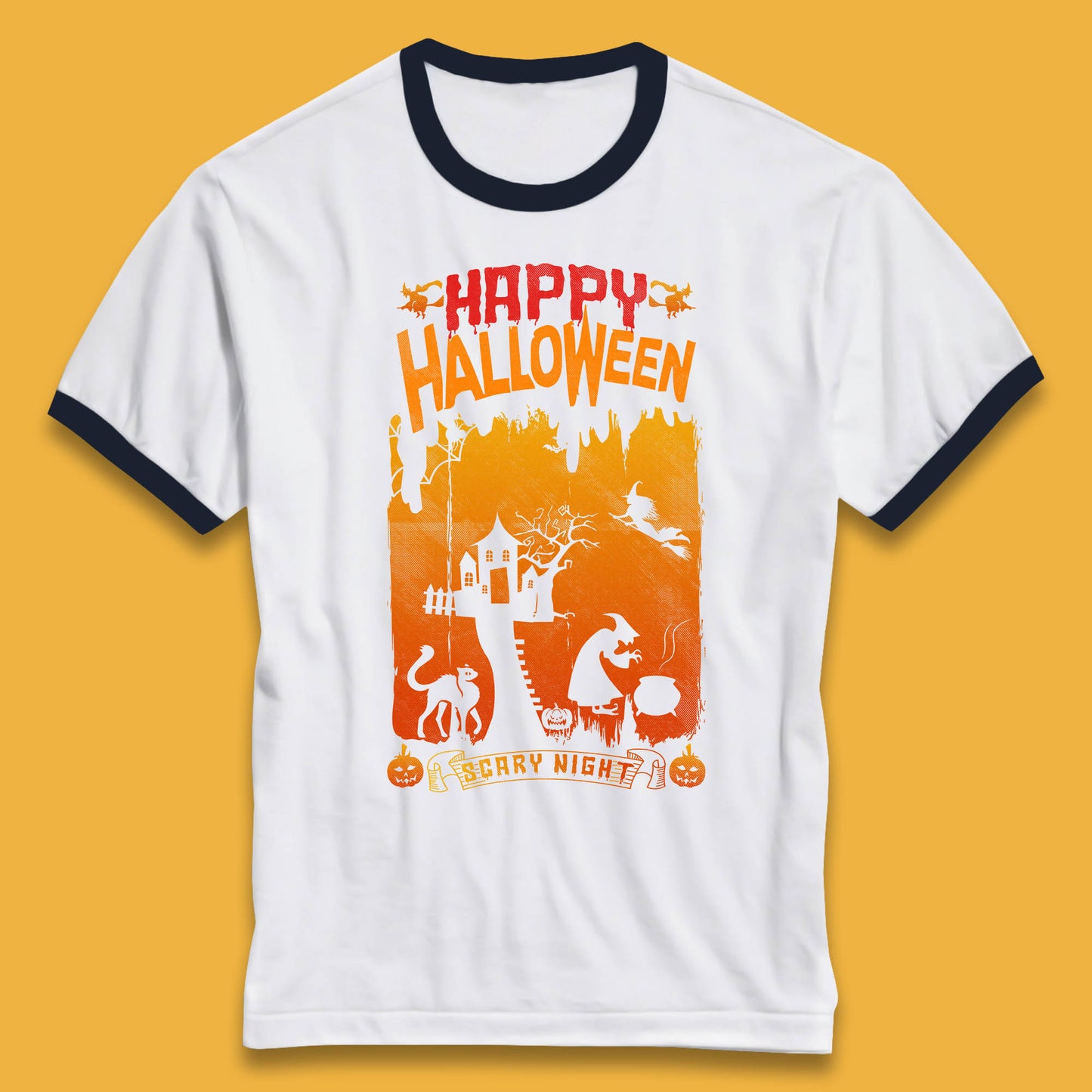 Happy Halloween Horror Hunted House Flying Witch Scary Spooky Night Ringer T Shirt