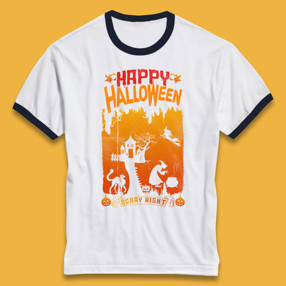 Happy Halloween Horror Hunted House Flying Witch Scary Spooky Night Ringer T Shirt