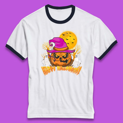 Happy Halloween Pumpkin Witch Hat Jack-o'-lantern With Full Moon Flying Bats Horror Scary Boo Ghost Ringer T Shirt
