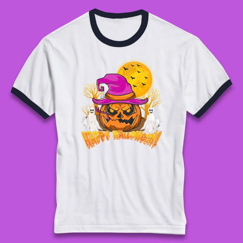 Happy Halloween Pumpkin Witch Hat Jack-o'-lantern With Full Moon Flying Bats Horror Scary Boo Ghost Ringer T Shirt