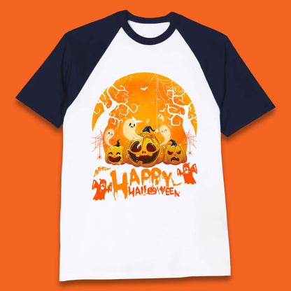 Happy Halloween Jack O Lantern Pumpkins Scary Boo Ghost Haunted Trees Baseball T Shirt