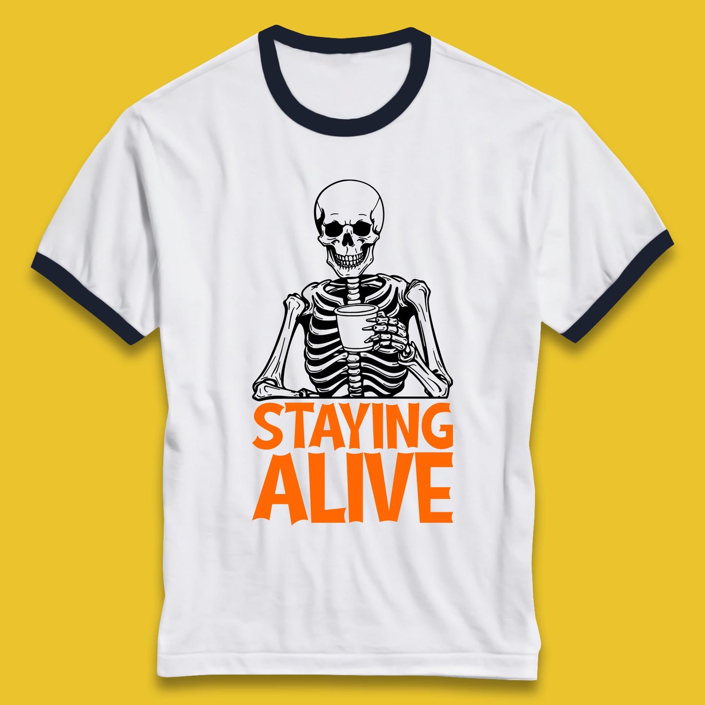 Staying Alive Funny Skeleton Trendy Coffee Halloween Skull Vintage Coffee Lovers Ringer T Shirt