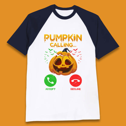 Halloween Pumpkin Calling Funny Phone Call Horror Scary Jack O Lantern Baseball T Shirt