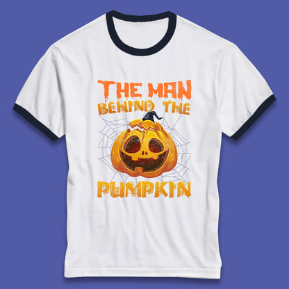 The Man Behind The Pumpkin Halloween Pregnancy Baby Announcement New Dad Gift Ringer T Shirt