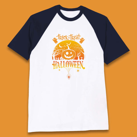 Trick Or Treat Halloween Pumpkin Haunted Trees Scary Spooky Season Baseball T Shirt