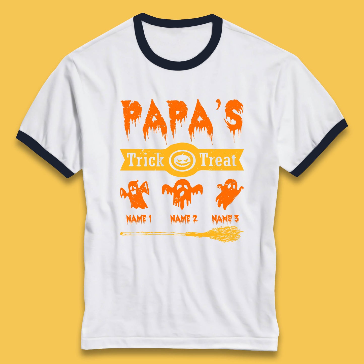 Personalised Papa's Trick Or Treat Halloween Custom Your Boo Ghost Children Names Scary Spooky Costume Ringer T Shirt