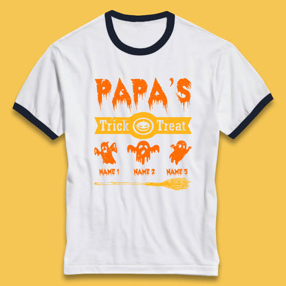 Personalised Papa's Trick Or Treat Halloween Custom Your Boo Ghost Children Names Scary Spooky Costume Ringer T Shirt