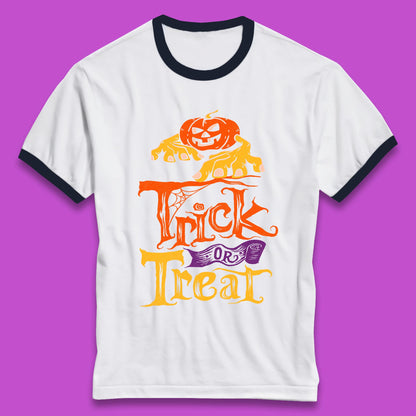 Halloween Trick Or Treat Horror Scary Evil Pumpkin With Zombie Hands Ringer T Shirt